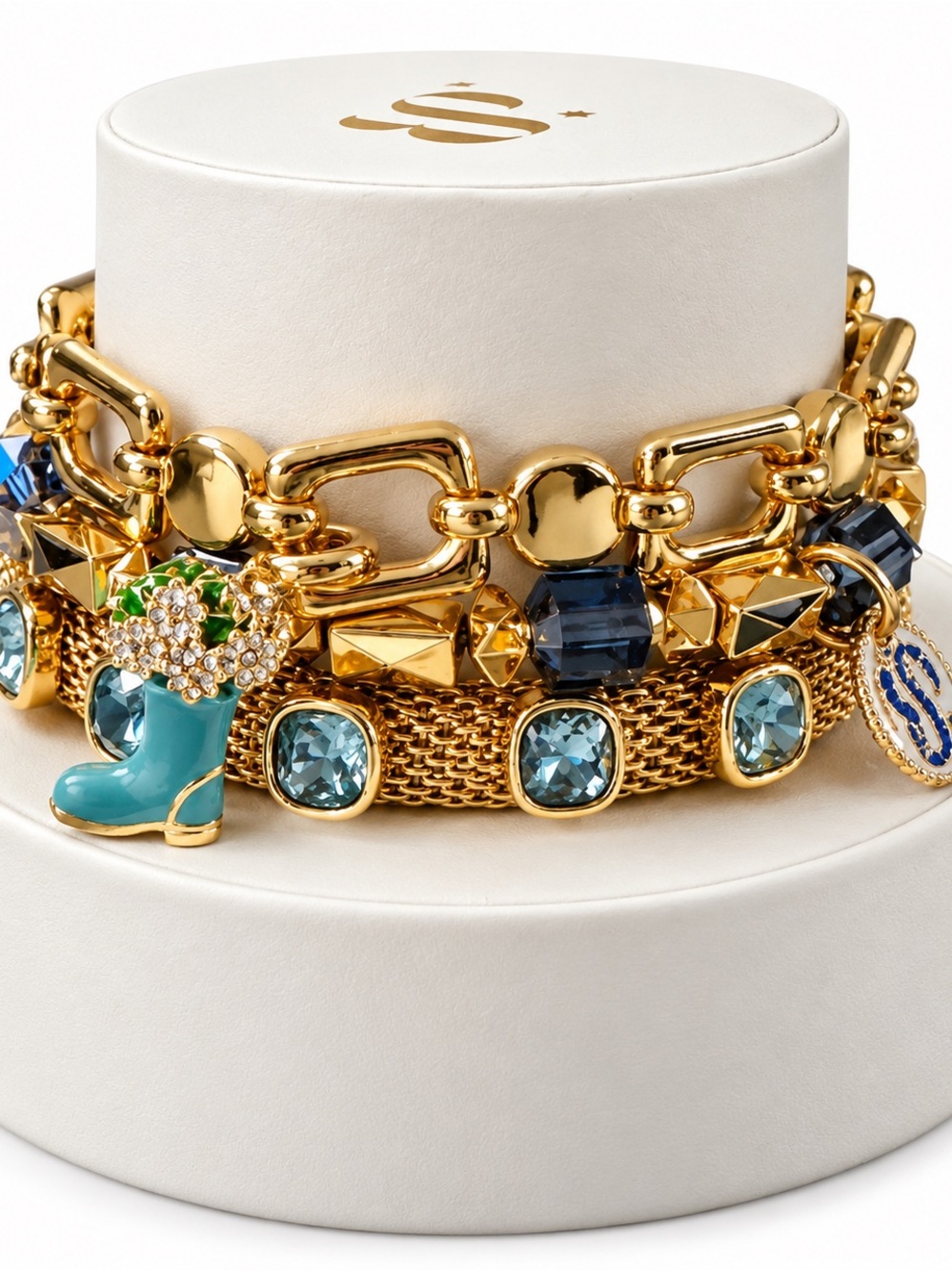 Bomb Party Gold Tone Three Stackable Bracelets with a Charm